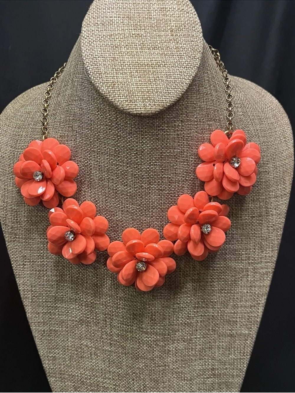 J. Crew Acrylic Rhinestone 3D Coral Pink Flower Bib Statement Necklace 21”